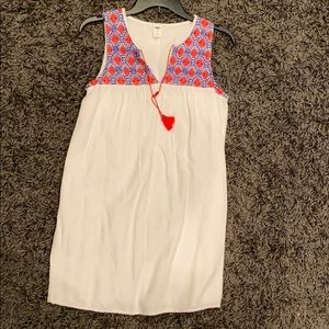 White linen dress with red/blue embroidered top